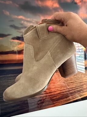 Zodiac Tan Suede Ankle Booties with Stacked Heel